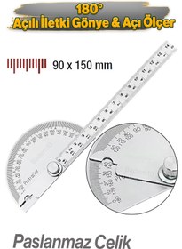 Resim Badem10 90x150 Mm Paslanmaz Çelik 180° Derece Çok Fonksiyonlu Marangoz Aleti Gönye Açı Ölçer Cetvel İletki 