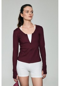 Resim Grimelange Polunea Kadın V Yakalı Önü Fermuar Kapamalı Vücuda Oturan Slim Fit Bordo Bluz bordo 