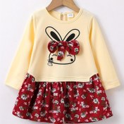 Resim Kızlar için Bahar/Sonbahar Uzun Kollu Çiçek Desenli Elbise - Karikatür Tavşan Kurdele Detayı ile Orta Boy Geniş Etek, Yuvarlak Yaka, Kemer Yok, Normal Beden, Günlük Oyun ve Okul için Şirin Elbiseler, Okul Kıyafeti, Eğlenceli Tasarım, Rahat Giyim 