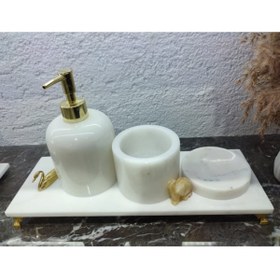 Resim Sümeyra Marble Art Berin Doğal Beyaz Mermer Banyo Seti 4 Lü 