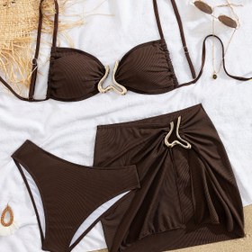 Resim Yazlık Kadın Tek Renk Plaj Bikini Takımı 