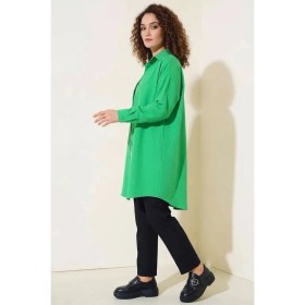 Resim Hanka Kadın Gömlek Yaka Düğmeli Basic Pamuklu Yeşil Tesettür Tunik 