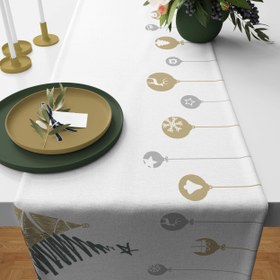 Resim Gümüş / Altın Rengi Ağaç ve Süslü Yılbaşı Temalı Runner Örtü 