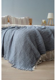 Resim Berolige Easy Müslin İplik Boya Çift Kişilik Yatak Örtüsü Indigo Mavi Indigo 