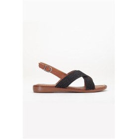 Resim Kadın Düz Topuklu Sandalet Siyah Hasır Çapraz Bantlı-3835 Siyah 