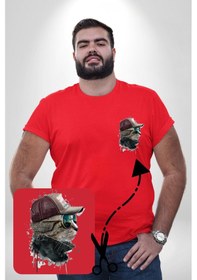 Resim Angemiel Pilot Çeketli Deri Şapkalı Cool Kedi Kırmızı Büyük Beden Kadın Basic Minimal Baskılı Tişört Kırmızı 