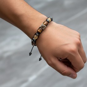 Resim Kaplan Gözü, Sitrin & Hematit Doğal Taş Erkek Zirkon Detaylı Bileklik - Özel Tasarım 