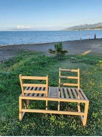 Resim Rusthing Doğal Ahşap Çift Yönlü Bahçe Aşk Bankı 110x48 Cm Bench Sandalye Dış Mekan Teras Tik Rengi 