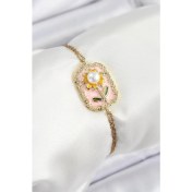 Resim 316L Çelik Zincir Pembe Mineli Sanatsal Portre Inci Detaylı Papatya Model Gold Renk Kadın Bileklik 
