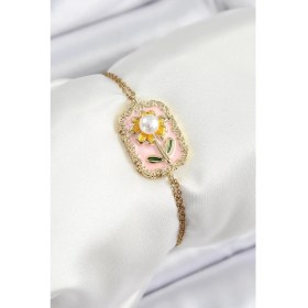 Resim 316L Çelik Zincir Pembe Mineli Sanatsal Portre Inci Detaylı Papatya Model Gold Renk Kadın Bileklik 