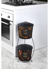 Resim Toptanfonilüx Ferforje Iki Katlı Metal Patates Ve Soğan Saklama Kovası Fileli Siyah Siyah 