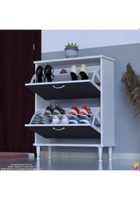 Resim Modilayn Umay Kapı Önü 72 X 90 X 25,5 Cm Lik 2 Düşer Kapak 4 Göz Bölmeli Ayakkabılık Antrasit - Beyaz 