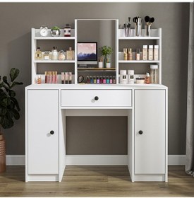 Resim Glamo Aynalı Makyaj Masası - Tek Çekmeceli, 2 Dolaplı , Takı Düzenleyici Mat Beyaz Beyaz 