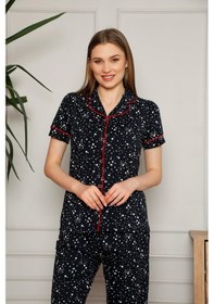 Resim Kadın Siyah Yıldız Desen Gömlek Yaka Önden Düğmeli Pijama Takımı Siyah 