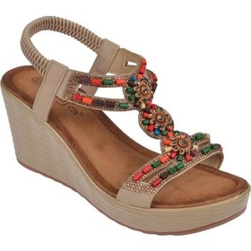 Resim Guja 25y155 Kadın Taşlı Dolgu Topuklu Lastikli Comfort Sandalet Bej Siyah 