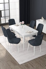 Resim Canisa Nex Serisi 80x132 Açılabilir Mdf Beyaz Masa Takımı ve Gümüş Halka 6 Pembe Sandalye 