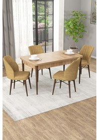 Resim Arel Meşe Desen 80x132 Açılabilir Mdf Masa Yemek Odası Takımı, Mutfak Takımı 4 Adet Sandalye Meşe Masa - 4 Cappuccino - Ceviz Ayak 