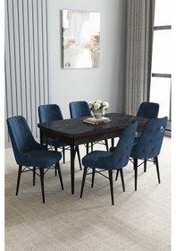 Resim Jusie Siyah Mermer Desen 80x132 Açılabilir Yemek Odası Takımı 6 Adet Sandalye Lacivert 