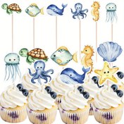 Resim 24 adet Deniz Canlı Cupcake Toppers - Deniz Temalı Doğum Gün Partileri için Karikatür Balık, Kabuklar, Denizyıldızı ve Sualtı Desenleri, DIY Kek Süslemeleri, Bambu Çubuklar, Yaz Şenlikleri için Mükemmel, Doğum Günü Parti Malzemeleri | Karikatür Hayvan Toppers | Wimsical Decor 