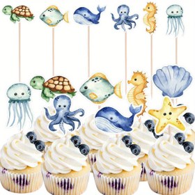 Resim 24 adet Deniz Canlı Cupcake Toppers - Deniz Temalı Doğum Gün Partileri için Karikatür Balık, Kabuklar, Denizyıldızı ve Sualtı Desenleri, DIY Kek Süslemeleri, Bambu Çubuklar, Yaz Şenlikleri için Mükemmel, Doğum Günü Parti Malzemeleri | Karikatür Hayvan Toppers | Wimsical Decor 