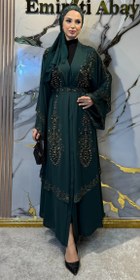 Resim Çift Katlı Altın Taşlı Yeşil Şifon Takım Şal ve Kemer Dahil | LY14 GS GREEN - 2XL / Yeşil 