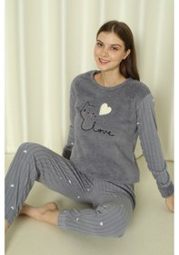 Resim Wordex Fawn 04-3309 Peluş Welsoft Polar Kışlık Yumoş Kalpli Kedili Kadın Pijama Takımı Gri 