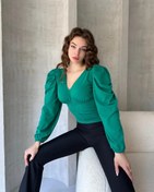 Resim Defile V Yaka Drape Detaylı Crep Bluz 