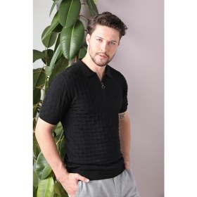 Resim Ferraro Siyah Polo Yaka Fermuarlı Erkek Pamuk Triko T-Shirt 