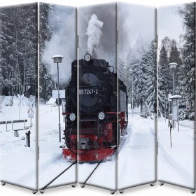 Resim DEKOBUL Kara Tren 5 Kanat Tekerlekli Kanvas Paravan 
