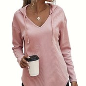 Resim Kadınlar İçin Hanky Hem V Yaka Kapüşonlu Uzun Kollu Bağcıklı Sweatshirt, Günlük Giysi 