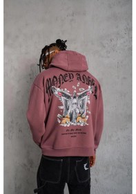 Resim Barlashive Erkek 3 İplik Pamuklu Baskılı Kapüşonlu Cepli Sweatshirt Hoodie - Gül Kurusu Çok Renkli 
