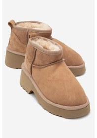 Resim Luvi Shoes Ary Taba Süet Hakiki Deri Kürklü Platform Tabanlı Kadın Mini Bot Taba 