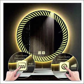 Resim Dnr-Mirror90 Cm Günışığı Ledli Tasarım Kumlamalı Dokunmatik Tuşlu Buğu Önleyicili Banyo Aynası Makyaj Aynası 