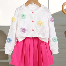 Resim Kızlar İçin İki Parçalı Takım: Düz Renk Yuvarlak Yaka Düğme Çiçek Detaylı Uzun Kollu Örgü Üst + Düz Pileli Etekli Düz Diz Boyu Midi Elbise Sonbahar Casual Kıyafet 