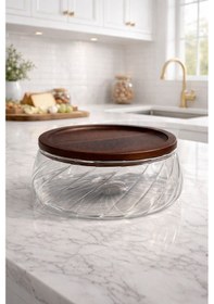 Resim Qerhome 2'li Borosilikat Cam Lüks Akasya Kapaklı Ve Akasya Ayaklı Cam Kase - Sunumluk-salata Kasesi Dalgalı 20 Cm Şeffaf - Ahşap 
