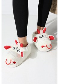 Resim Hayvanlı B20 Boğa Modelli Kışlık Kadın Erkek Panduf Ev Içi Sessiz Taban Panduf Krem 