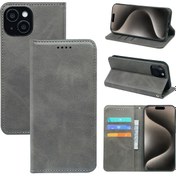 Resim Dana Derisi Iphone 16 Uyumlu 7 Manyetik Emişli Kartlık Cep Telefon Kılıfı Gri 
