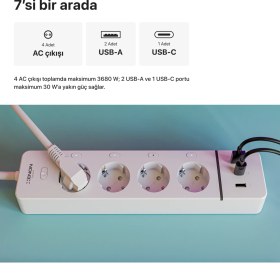 Resim Xenon Smart Akıllı Çoklu 4'lü Priz Wi-Fi 2 Usb-A ve 1 Usb-C Portlu 7in1 Sesli Komut Özellikli Mobil Uygulama Kontrollü X7087 