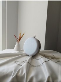 Resim Vivazzaluxe Modern Yuvarlak Model Simli Düğün Nişan Gelin Kadın Abiye Clutch Çanta Beyaz 