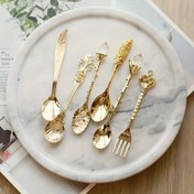 Resim 6 Parça Vintage Kaşık Çatal Mini Kraliyet Tarzı Metal Oymalı Altın Renkli Kahve Atıştırmalık Meyve Tatlı Çatalı Mutfak Aleti 1 Set 