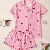 Resim Kalp Baskılı Pijama Takımı, Kısa Kollu Düğmeli Üst ve Şort, Kadın Uyku Giyimi ve Ev Giysisi 
