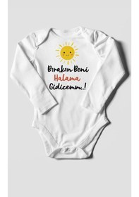 Resim Bırakın Beni Halama Gidicemm Baskılı Bebek Zıbını Çıtçıtlı Body %100 Pamuk Uzun Kol Beyaz 