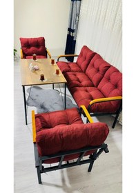 Resim Madame Home Açelya Balkon, Bahçe, Cafe - Salon - Metal Kanepe Koltuk Takımı 3+1+1 + Masa Bordo 