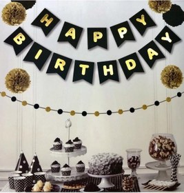 Resim Beysüs Siyah Üstüne Gold Altın Sarısı Yaldızlı Happy Birthday Yazılı Doğum Günü Partisi Karton Yazı Banner 