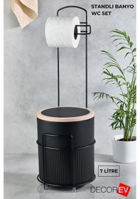 Resim Decorev Lüks Banyo Mutfak Çöp Kovası Metal Standlı Tuvalet Wc Kağıtlık Seti Siyah 