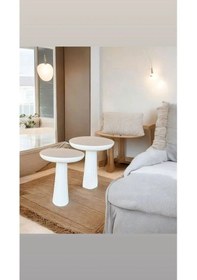 Resim Wood Wooden Ahşap 2 Li Set Fitilli Mantar Beyaz Yan Sehpa 