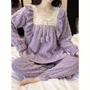Resim Kadınlar için Kış Prenses Tarzı Flanel Pijama Takımı, Kurdele Detayı ile Tatlı ve Sevimli Ev Giyimi, Kalın Çizgili Tasarım, Kare Yaka, Uzun Kollu, Tüm Mevsim Konforu, Rahat Pijama Takımı|Prenses Tarzı Pijamalar|Yumuşak Dokulu, Kadınlar için Pijamalar 