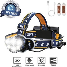 Resim Springsun Şarj Edilebilir Ultra Parlak Kafa Lambası - Su Geçirmez, 6 Led, 18650 Pil 