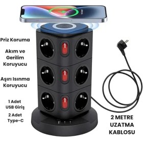 Resim Smayling Akım Korumalı 12 Prizli Çoklu Uzatma Kablosu - 3 USB Girişli, Anahtarlı, Kule Tipi, 2 Metre Wireless Kablosuz Şarj 