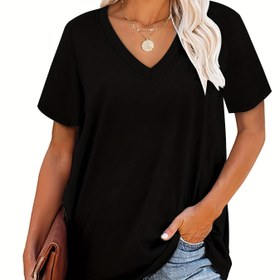 Resim Plus Beden, Plus Beden Kadın V Yaka Kısa Kollu Tişört - Şık ve Rahat Beyaz Üst, Nefes Alabilen Kumaş, Makinede Yıkanabilir, Her Mevsim Giyilebilir Gardırop Temeli, Günlük Konforlu V Yaka Gömlek 